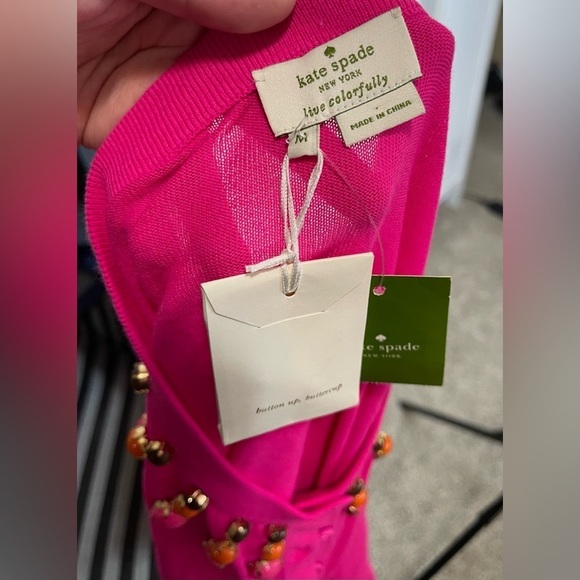 New! Kate Spade Jeweled Neck Long Sleeve Button Cardigan Bright Pink Medium - Picture 4 of 6